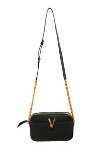 Versace Women's Black 100% Leather V-Logo Crossbody Shoulder Bag