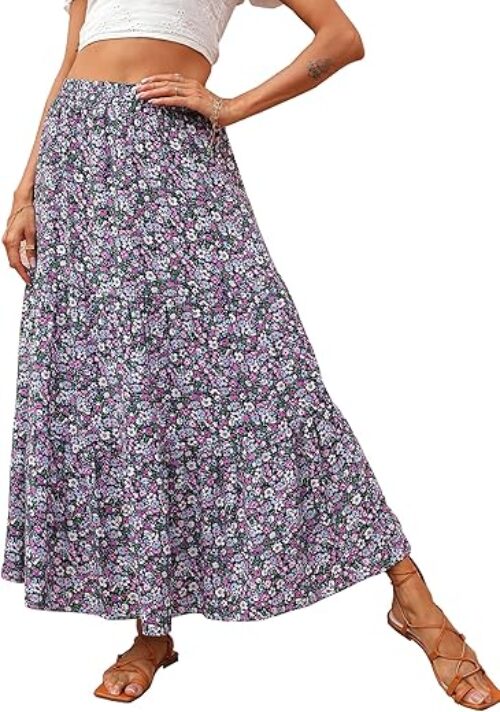 KIRUNDO Women's 2024 Summer Fall High Waist Boho Floral Maxi Skirt Casual Flowy Swing Pleated A Line