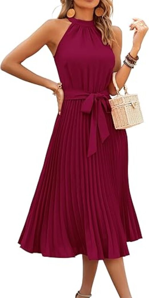 KIRUNDO Women's 2024 Summer Sleeveless Halter Neck Pleated Midi Cocktail Dresses A Line Flowy Beach Sun Dress with Belt